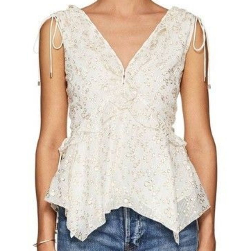 10 Crosby Derek Lam Metallic Ruffle Ivory Gold Fairycore Asymmetrical Top Sz 8 M